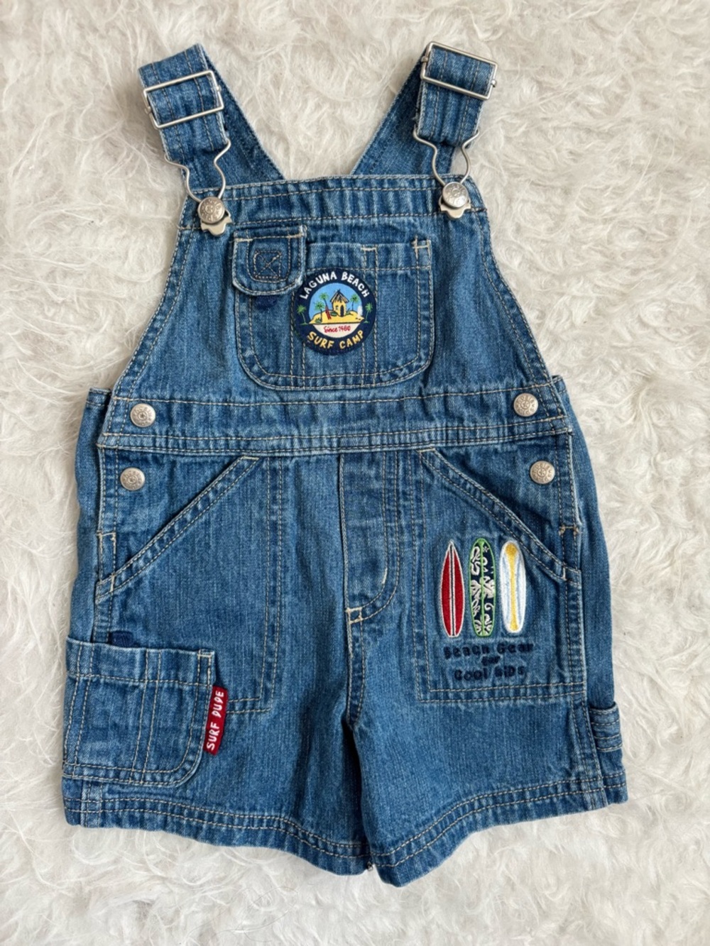 Koala Kids Vintage Blue Denim Short Overalls with Coastal Surf Patches
